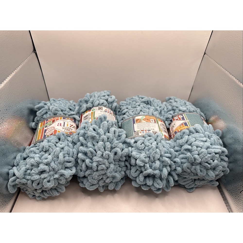 Alize Puffy Fine Yarn LOT of 4 Dusty Blue 414, Finger Knitting No Hooks Needed